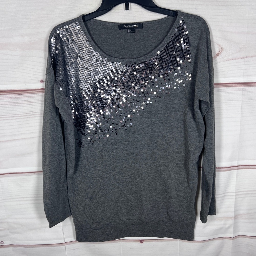 Forever 21 Top Women Medium Gray Sequin Long Sleeve Scoop Neck Blouse Knit Y2K